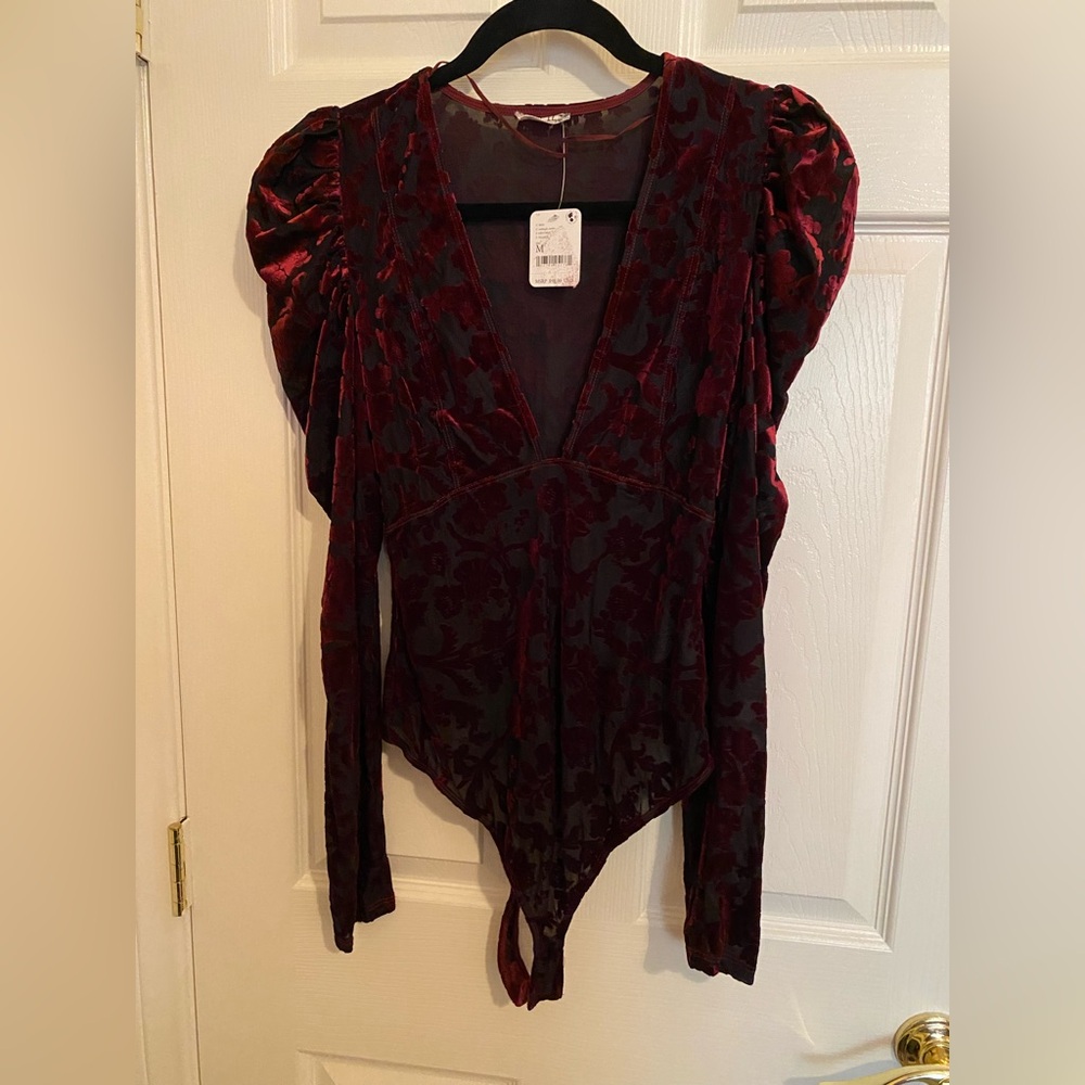 Free People Magic Hour Velvet Burnout bodysuit M medium black red NWT